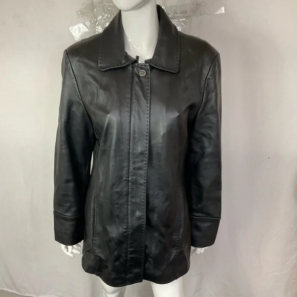 Calvin Klein Black Women's Snap Button Zip Genuine Leather Jacket Size L